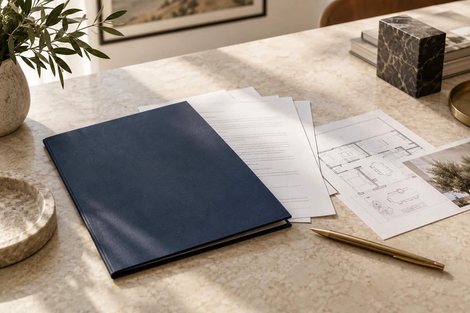 Documentación y plano de una vivienda preparados sobre una mesa